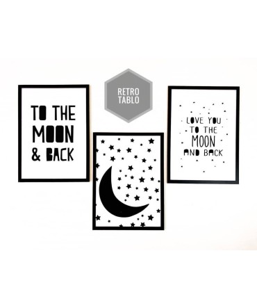 MOON - Üçlü Ahşap Retro Tablo Set - Ahşap Retro Tablo